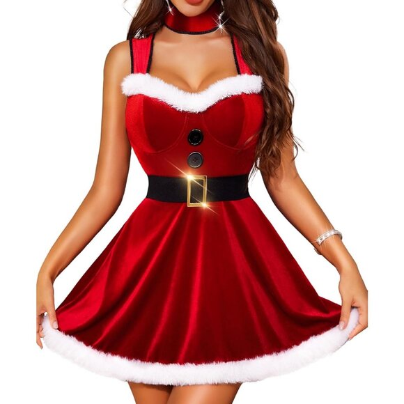 Sexy Santa Velvet Lingerie Babydoll Chemise with Choker Belt for Women - Picture 1 of 4